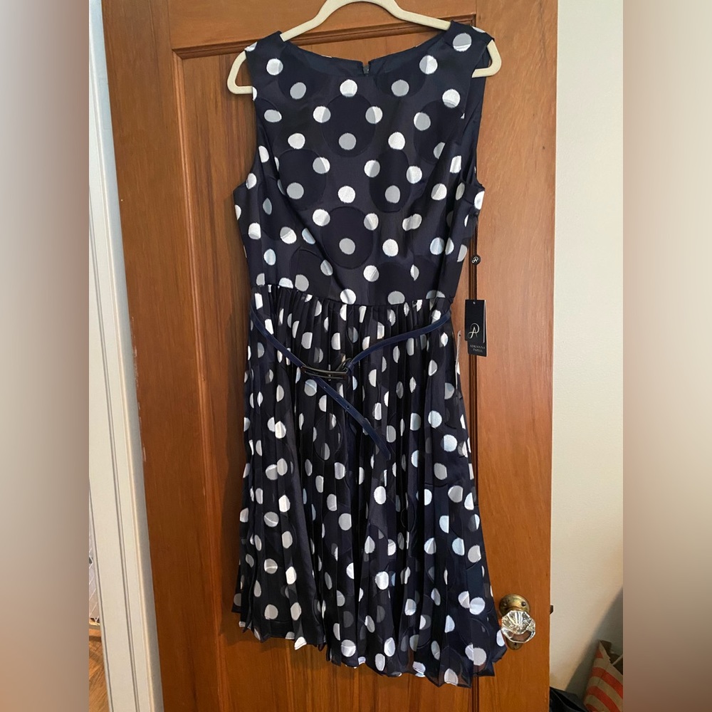 Adrianna Papell Navy and White Belted Dress, New with Tags